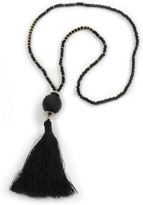 Avalaya Black Glass Bead Cotton Tassel Necklace - 72cm L/ 14cm Tassel