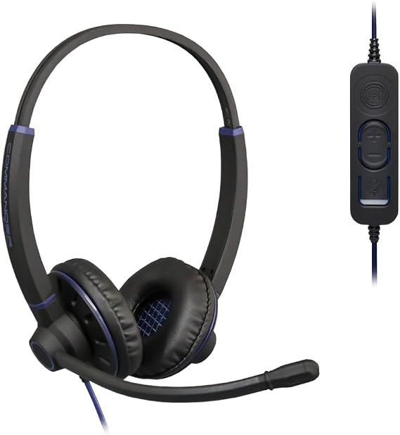 JPL Headset Commander-2 (V2) Binaural, Corded, USB-A Plug & Play, Office/Contact Centre, Noise Cancelling, Soft Pouch Case, A to C USB Adapter, Compatible with Major Softphones - Black