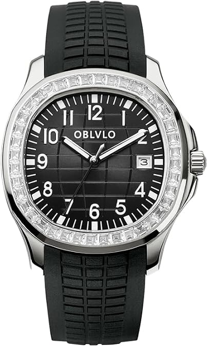 OBLVLO Luxury Watch with Crystal Bezel, Blue Rubber Band, Rose Gold Case, Date Display