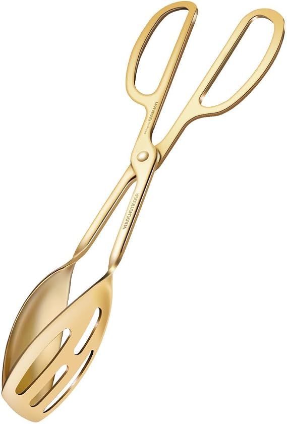 Wagensteiger 9.65" Titanium Coated Stainless Steel Salad Tongs, Ergonomic Scissor-Tong Design, Dual Function Spoon Head, Slotted & Solid Spoon Combination, Commercial Grade(Gold)