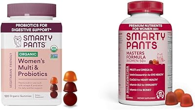 SmartyPants Organic Womens Multivitamin Gummies Bundle: Biotin, Omega 3, Vitamin D3, B12, Folate  Masters Formula for Women 50 with Lutein, Zeaxanthin, CoQ10, 120 Count