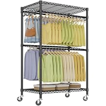 VIPEK R2 Pro Rolling Garment Rack 2-Sided Hanging Heavy Duty Clothes Racks with Wheels Adjustable Shelves Hanging Rods Metal Portable Closet Storage Freestanding Clothing Rack, Max load 600lbs, Black