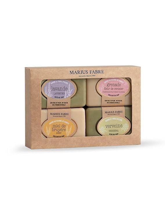 Marius Fabre Provencal Gift Set, 4 Natural Vegetable Oil Soap Bars, Lavender, Verbena, Honey, Pomegranate Cherry Blossom Scents, 100g Each Vegetable Oil with Olive-oil