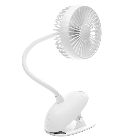 O2COOL Rechargeable USB Battery Clip Fan 5 Inch Adjustable Fan with 3 Speeds, Adjustable Neck, Long Gooseneck, Powerful Clip for Desk, Stroller, and Travel