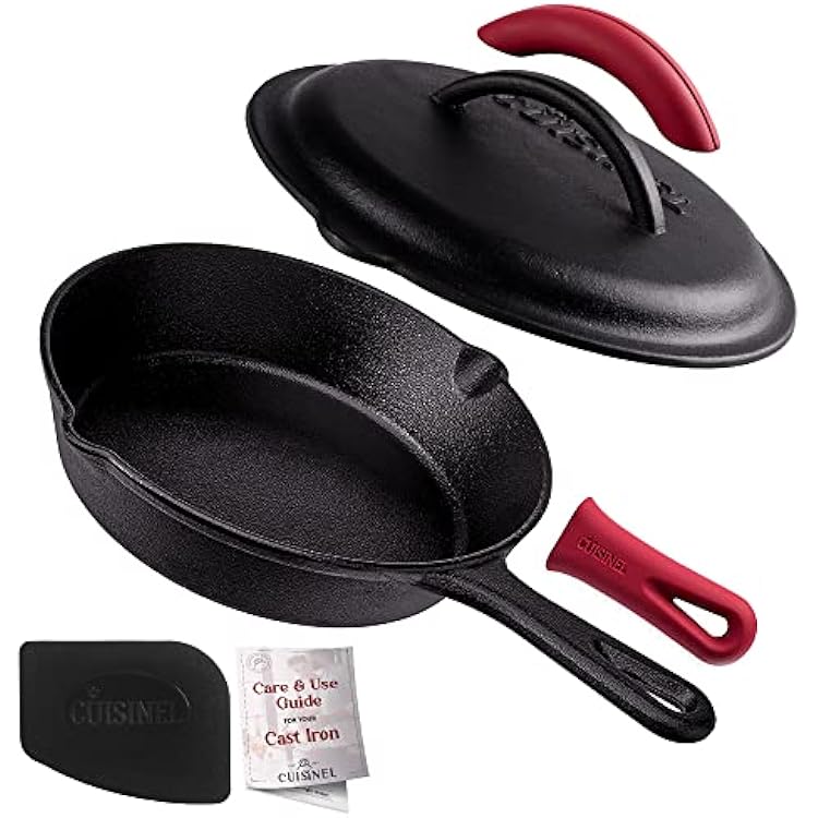 Cuisinel Cast Iron Skillet with Lid - 8-inch Pre-Seasoned Covered Frying Pan Set  Silicone Handle and Lid Holders  ScraperCleaner - IndoorOutdoor, Oven, Camping Fire, Grill Safe Kitchen Cookware