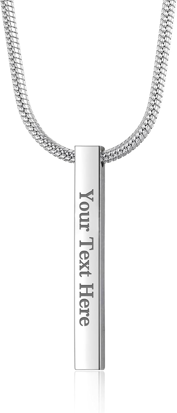 Personalised Mens Necklace ID Name Date Code Bar Custom Necklace 4 Side Engraving Stainless Steel Snake Chain for Men Women Personalised Fathers Day Anniversary Birthday Gifts for Men Boys