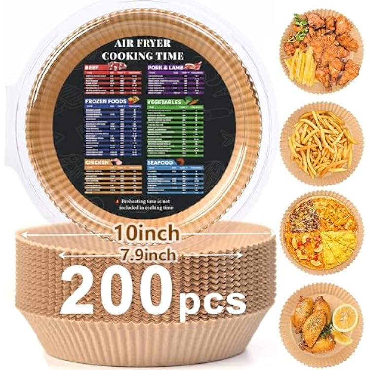 200PCS Air Fryer Liners Disposable: Round 8 Inch Non-Stick Airfryer Paper Liners - Food Grade Parchment Paper for 5 6 7 8 QT Air Fryer Baking and Roasting - Waterproof and OilProof 10 Inch on Top