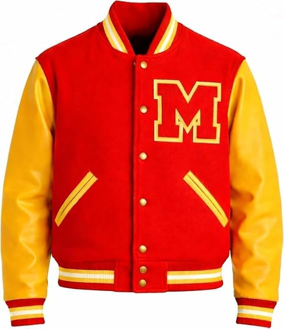 Men's Red Wool Bomber Jacket with Yellow Faux Leather Sleeves, Letterman Jacket, MJ Thriller Jacket, and stylish outerwear