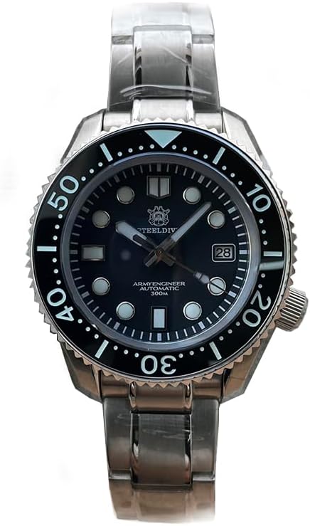 Steeldive Automatic Dive Watch with Luminous Display, 200M Water Resistant, Black Dial, Stainless Steel Band