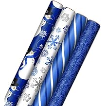 Image Arts Blue Christmas Wrapping Paper with Cut Lines on Reverse (4 Rolls: 120 sq. ft. ttl) Snowmen, Snowflakes, Blue and White Stripes