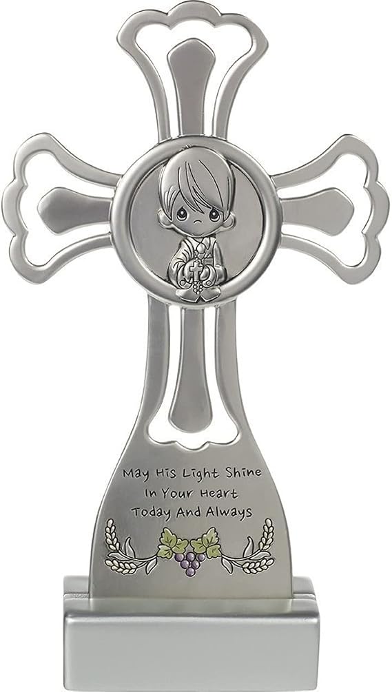 Precious Moments 17247 May His Light Shine in Your Heart Today & Always Boy First Communion Silver Zinc Alloy Cross with Stand