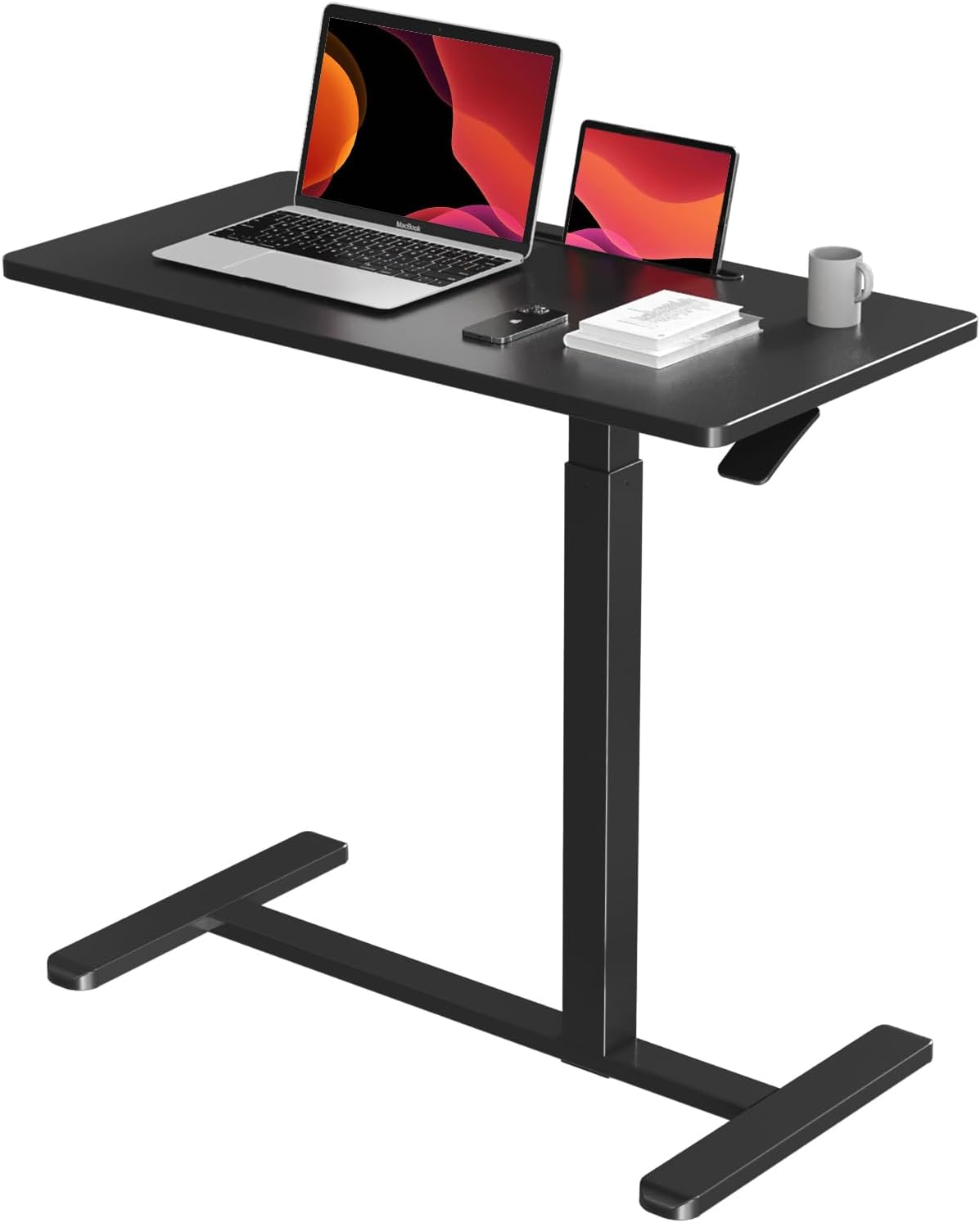 Gibbon Mounts Mobile Standing Desk, Pneumatic Adjustable Rolling Desk3.5ft, Portable Laptop Desk with Wheels, Small Mobile Desk Laptop Table for Couch, Home, Office, Black