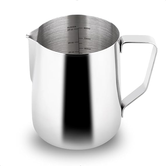 watchget 32oz Milk Frothing Pitcher Stainless Steel Espresso Steaming Jug | Clear Internal Scale, Milk Coffee Cappuccino Latte Art Barista Steam Pitchers,Barista Coffee Bar Accessories, 900ml, Silver