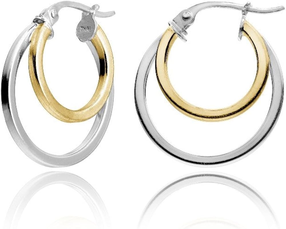 Hoops & Loops 925 Sterling Silver Double Hoop Earrings for Women - Layered Stacked Small and Large Hoops, 15mm, 20mm, 25mm - 14k Yellow Gold, Rose Gold, Black Flash Plated, Hypoallergenic Trendy Jewelry