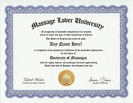 Massage Lover Degree: Custom Gag Diploma Doctorate Certificate (Funny Customized Joke Gift - Novelty Item)
