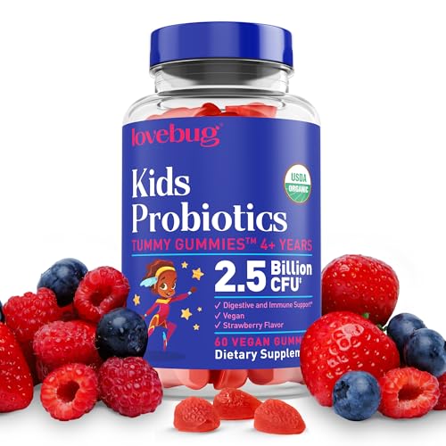 LOVEBUG Kids Probiotic Gummies Organic Chewable Probiotics for Kids Aged 4, Soil- Based Childrens Probiotic for Gut Health,Constipation,Digestive & Immune Support, Vegan, 60 Chews, Strawberry