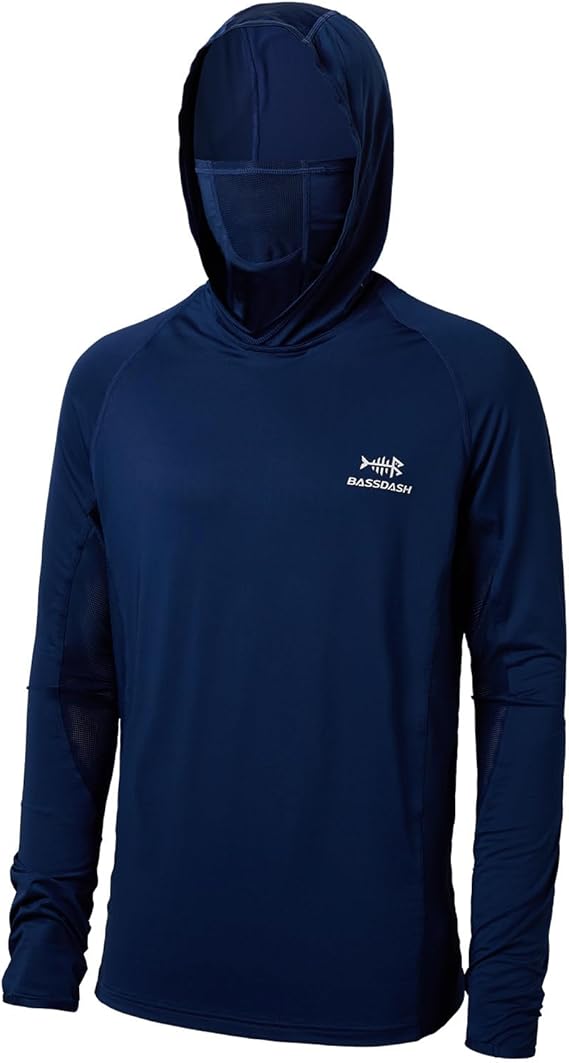 BASSDASH UPF 50+ Mens Long Sleeve Fishing Shirt with Mask UV Neck Gaiter Hoodie