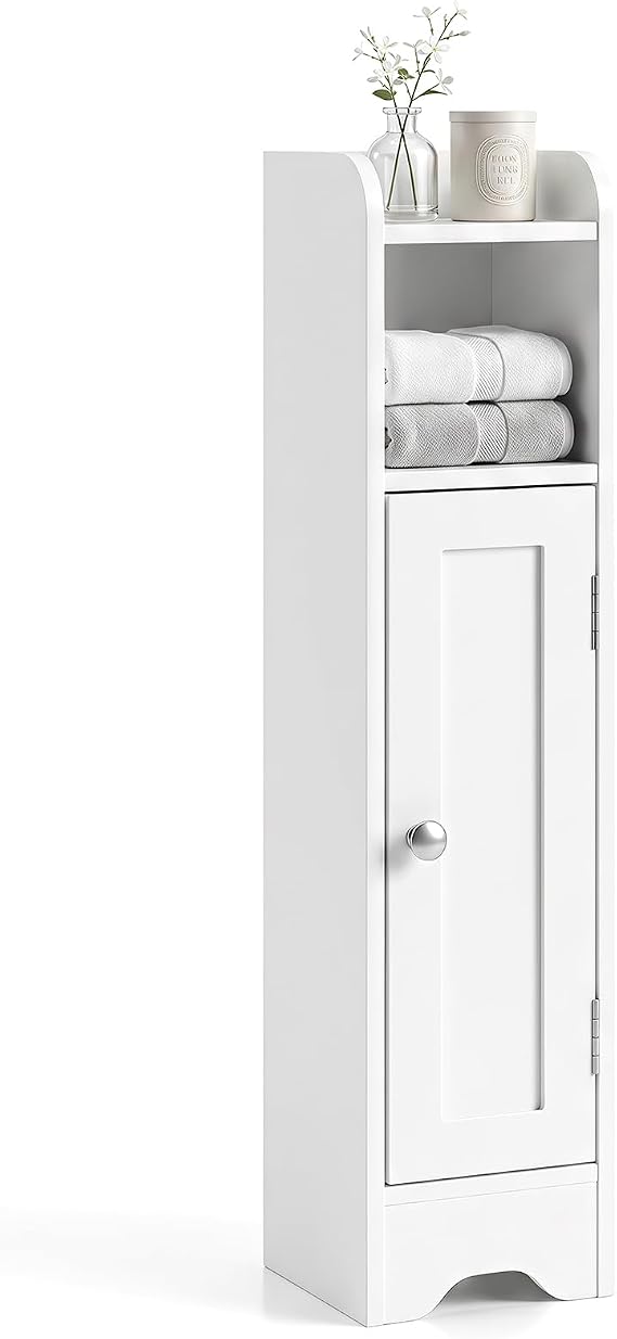 GIANTEX Small Bathroom Storage Cabinet, Corner Floor Cabinet with Door & Adjustable Shelves, Narrow Toilet Paper Holder, Slim Storage Organizer for Bathroom, Living Room, Entryway (White)