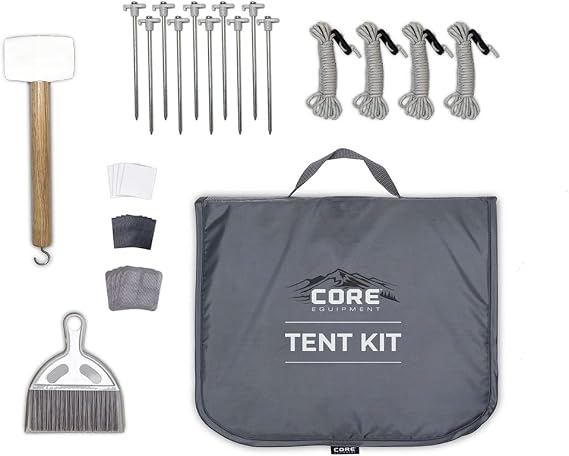 CORE Outdoor All in One Camping Kit | Perfect Camping Accessories with Portable Carry Bag | Easy Camp Setup and Takedown with The Included Mallet, Stakes, Dustpan and Guylines