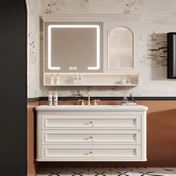 Single/Double Sink Bathroom Vanity Floating Vanity, 36-92IN French Cream Style with Solid Wood Mirror Cabinet,Integrate Stone Countertop&Sink (36''Single Sink)