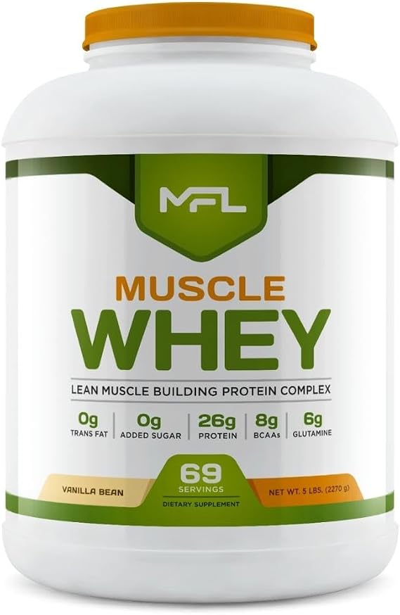 MFL Muscle Whey Protein 5 lbs l 26g of Protein l 8g BCAAs l 6g Glutamine l Low Carbs l 69 Servings (Vanilla Bean)