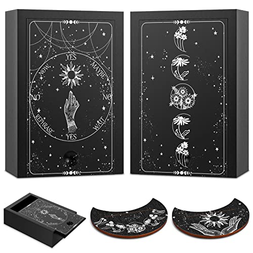 4 Pieces Tarot Box Gift Set Tarot Deck Box Card Holder Boho Hand Moon Wooden Tarot Card Box Astrology Sun Moon Flower Pagan Sign Wood Tarot Card Stand Holder for Gothic Oracle Card Display Stand