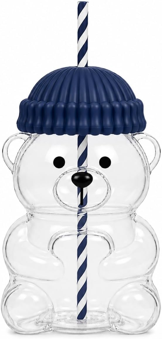 Orret Home 580 ML Ayıcık Desenli Cam Bardak Pipetli Silikon Kapaklı Soğuk Kahve Bardağı Şeffaf Cam Kupa Sevimli Ayıcık Bardak Bubble Tea Smoothie Milkshake Meyve Suyu İçecek Bardağı Çocuk ve Yetişkin