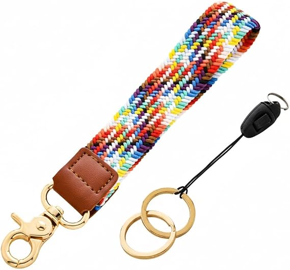 Rainbow Wristlet Keychain, Braided Wrist Strap Keychain with Metal Clasp and Key Rings, Colorful Keychain Lanyard for Keys, Wallet, Phone and Daily Carry