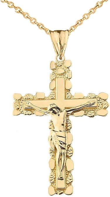 Fine 14k Yellow Gold Nugget Crucifix Cross Pendant Necklace (2.6"), 22"