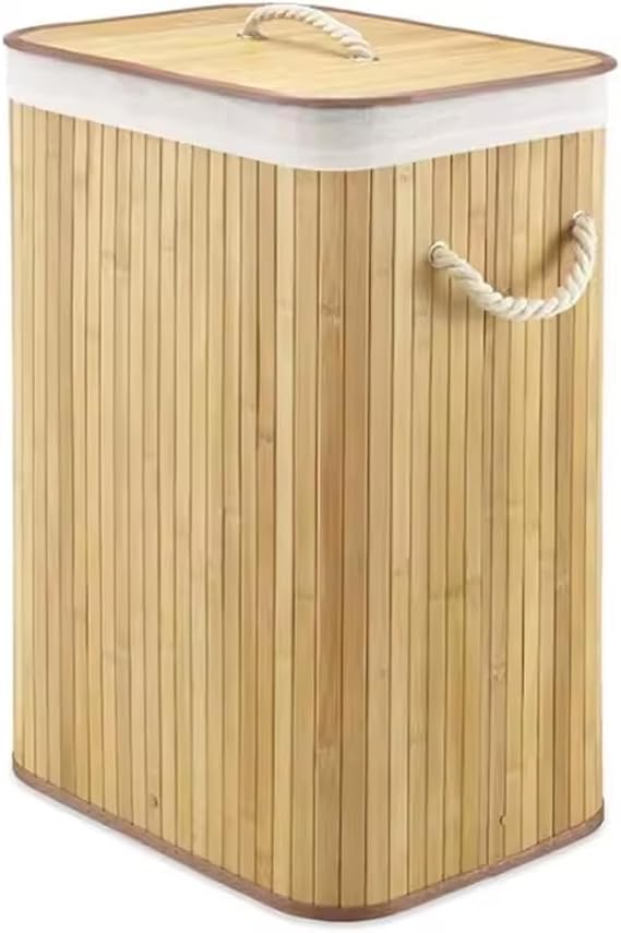 Ekolojik Bambu Çok Amaçlı Saklama Sepeti, Pamuk Bez İç Astarlı, Kapaklı ve Halat Saplı Modern ve Minimalist Tasarım (Kare)