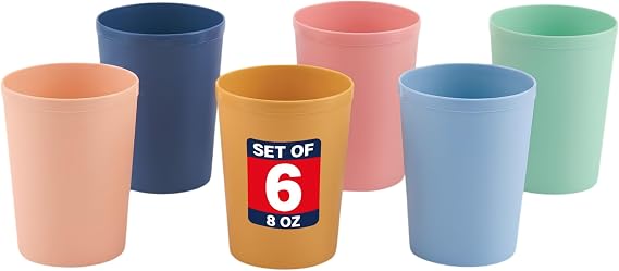 MASTERCOOK 6 Pcs. Small Reusable Cups 8 oz Unbreakable Drinking Glasses -Toddler Cups for Water, Juice, MilkBPA Free Stackable Tumblers Plastic Cup set for Kitchen, Picnics, Parties- Kid-Friendly