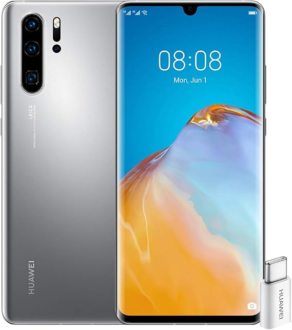 HUAWEI P30 Pro Unlocked Smartphone 4G + Adapt Type C, 6.47 Inches, 8/256 GB, Dual Nano SIM, EMUI 10.1, Silver Frost [French Version]