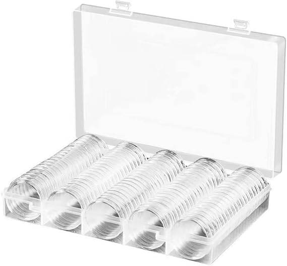 KICHOUSE 100pcs Clear Organizer Bins Coin Capsules Holder Transparent Money Box for Coin Storage