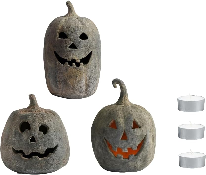 Halloween Terracotta Pumpkin Lampshade with Candle, Terracotta Jack O Lantern Pumpkin, Handmade TerracottaPumpkins Halloween Decorations, Suitable for Table Centerpiece Decoration. greyABC