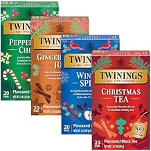 Twinings Tea Holiday Variety 4-Pack Caffeinated Christmas Tea and Gingerbread Joy, Naturally Caffeine-Free Peppermint Cheer and Winter Spice Tea Bags, 20 Count Each