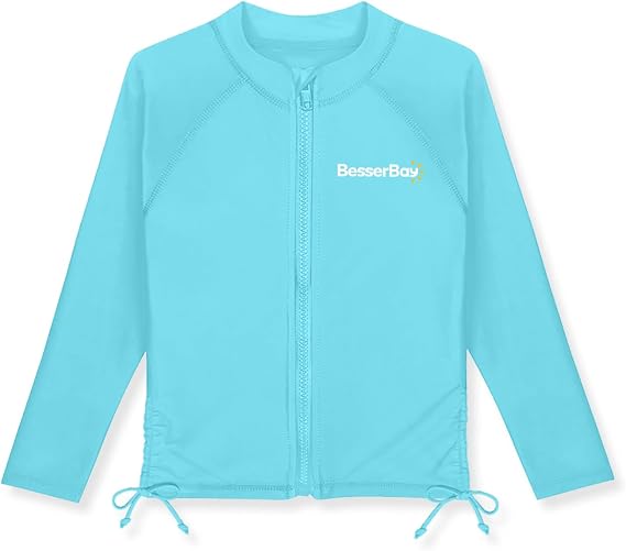 BesserBay Girls Rash Guard UPF 50+ Zip Up Raglan Long Sleeve Adjustable Drawstring Swim UV Jacket 4-14 Years