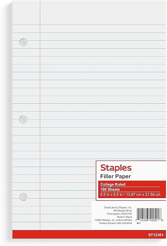 Staples College Ruled Filler Paper, 5.5x8.5 In, 3-Hole, 300/Carton
