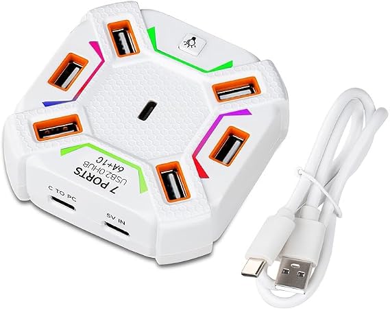 Multi-Port USB 2.0 Hub 7-Port USB Splitter for Laptop with 1.97ft Detachable Cable White