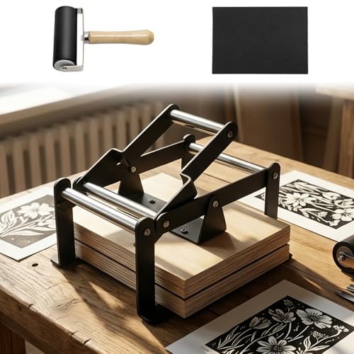 A4 Linocut Printing Hand Lever Press Machine, Linocut Press Machine with Rubber Roller & Felt Pad, Fit for Linocut Printing, Woodcut Printing, Letterpress, Rubber, Cardboard, Cork Printing