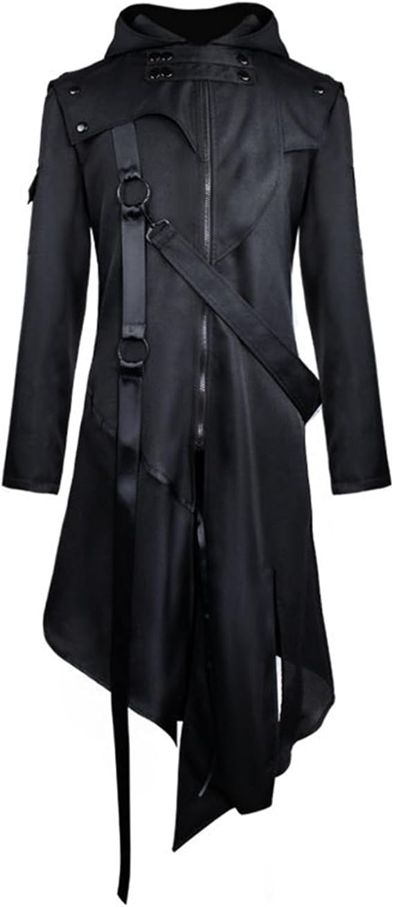 Mens Medieval Asymmetrical Victorian Hooded Jacket Vintage Gothic Zipper Long Coat Halloween Cosplay Costume