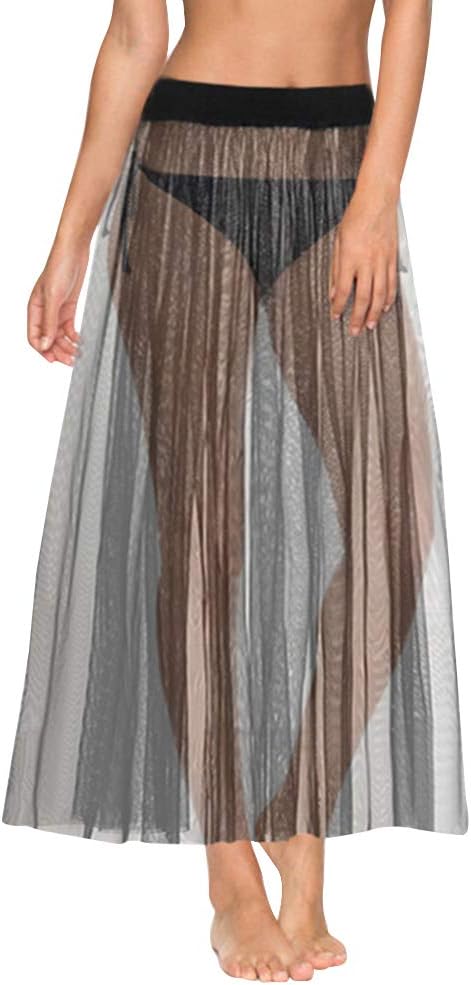 CLARA Women High Waist Mesh Maxi Skirt See-Through Beach Long Tulle Skirt Bodysuit Cover-Up