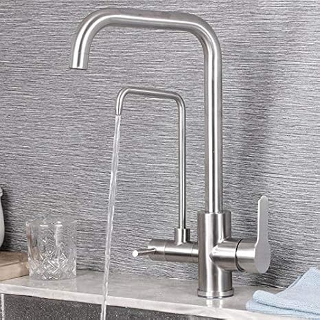 Brushed Stainless Steel Kitchen Faucet 3-Way 360° Rotation Hot & Cold Water, Double Handle, Drink Straight Spout, Durable Sink Mixer - Color A