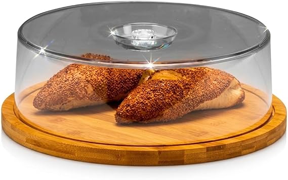 Bambu Tabanlı Yuvarlak fanus Pasta Standı, Şeffaf Akrilik Kapaklı, Kek ve Ekmek Sunum Tabağı