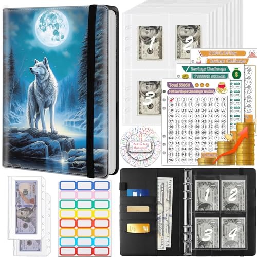 Money Saving Binder, 100 Envelopes Money Saving Challenge, Cash Envelopes Budget Binder & 3 Budgeting Planner Trackers, PU Leathers A5 Money Saving Planner Book,Wolf Under the Moon
