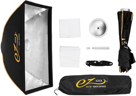 Glow EZ Lock 24x36" Quick Strip Rectangular Bowens Mount Softbox Lighting Kit with External, Internal Diffusers, Deflector Disk and Eggcrate Grid, Folding Softbox for Photography Studio
