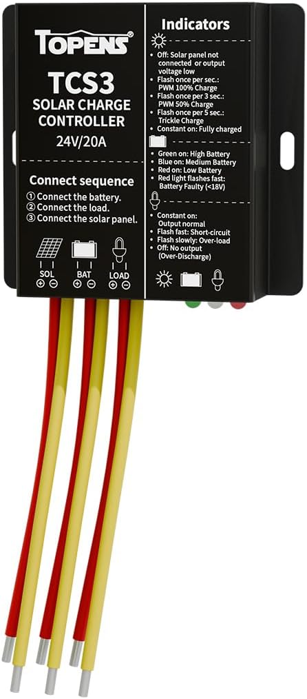 TOPENS TCS3 Solar Charge Controller Waterproof Solar Panel Battery Regulator for Solar Automatic Gate Opener, Boat, Yacht, RV, Caravan, Golf Car, Street Lamp, Garden Light and Farm Equipment