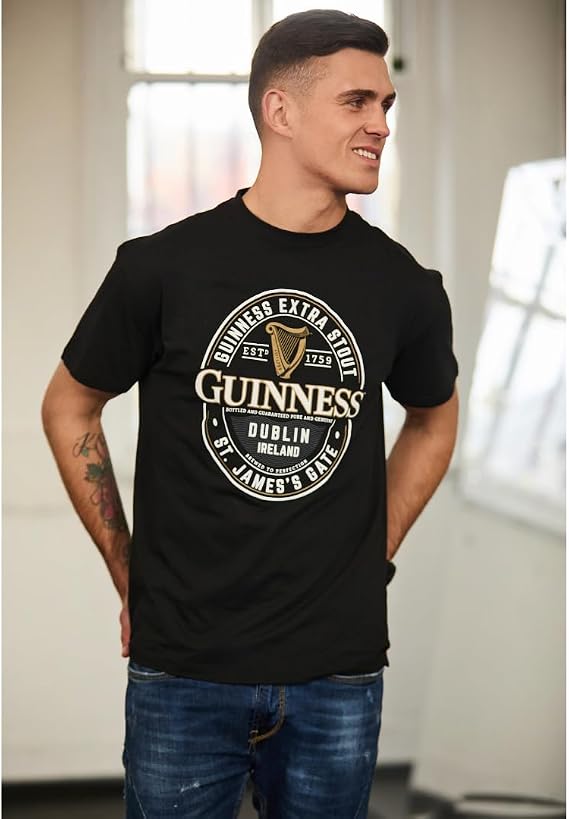 Guinness Black T-Shirt for Men with Gold Foreign Extra Bottle Label Print Irish Tee 100% Cotton (Large)