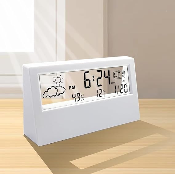 MR Shopping Table Clock, Digital Alarm Clock, Transparent Modern Design, Temperature, Humidity, Procrastination is a great gift
