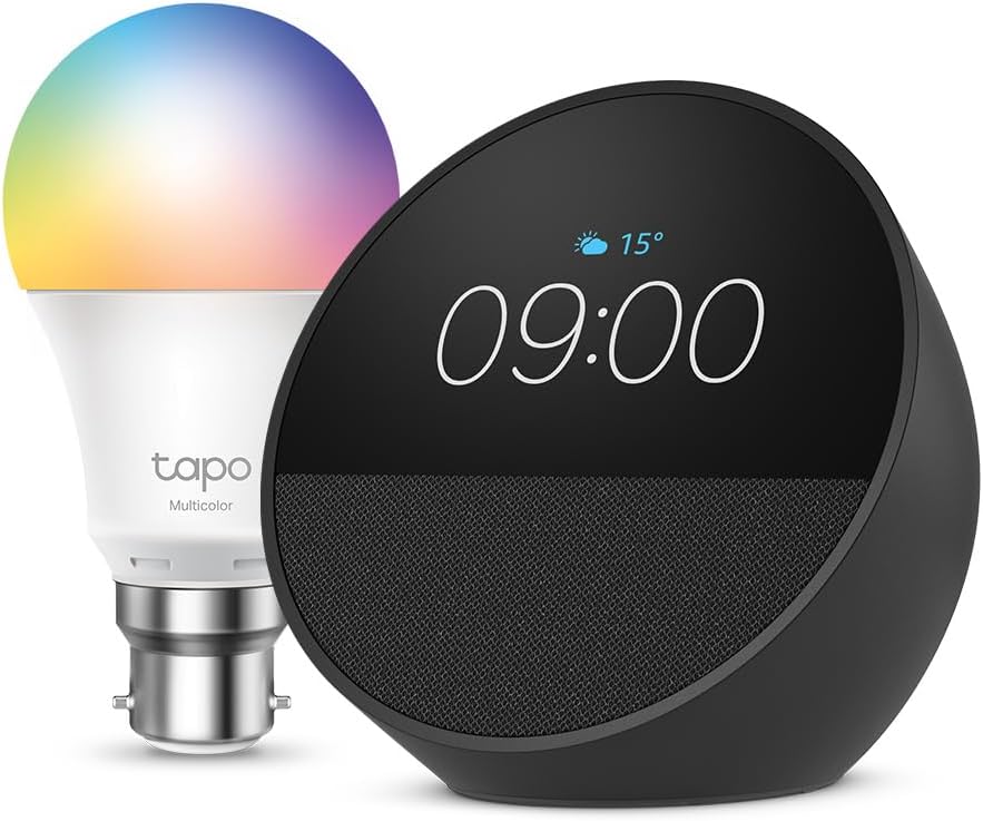Echo Spot | Black + Tapo L530BA Smart Light Bulb (B22), Works with Alexa - Smart Home Starter Kit, with Alexa+ Early Access