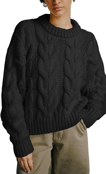 Womens Fall Sweaters Cable Knit Crewneck Long Sleeve Oversized Pullover Knit Tops